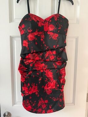 Guess Satin Spaghetti Strap Black Dress with Red Floral Print